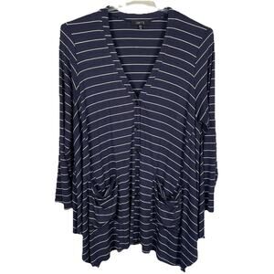 Comfy USA Cardigan Sweater Womens XL Blue Stripe Nautical Coastal Laganlook Soft